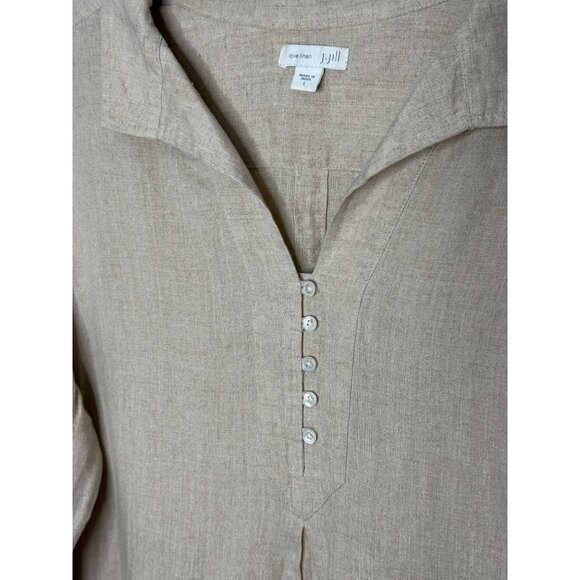 J. Jill Love Linen Beige Neutral Oversized Tunic Top Pockets Roll Tab  Size L - Picture 3 of 8